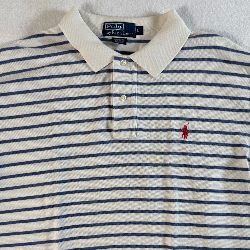 Polo Ralph Lauren Polo Shirt Mens Large Striped Pique Cotton Blue White